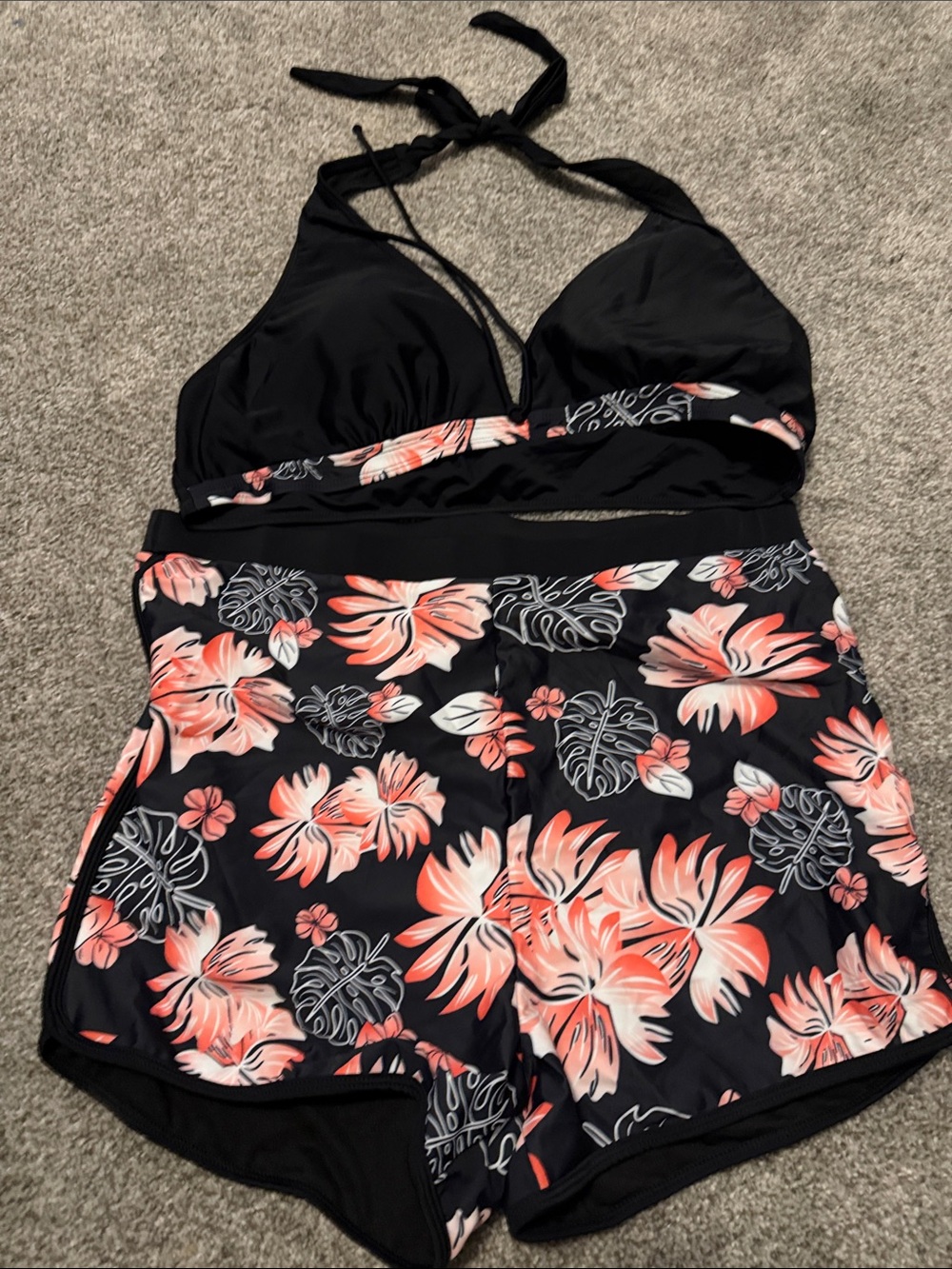 Black Swim Footie Set with Coral Floral Print